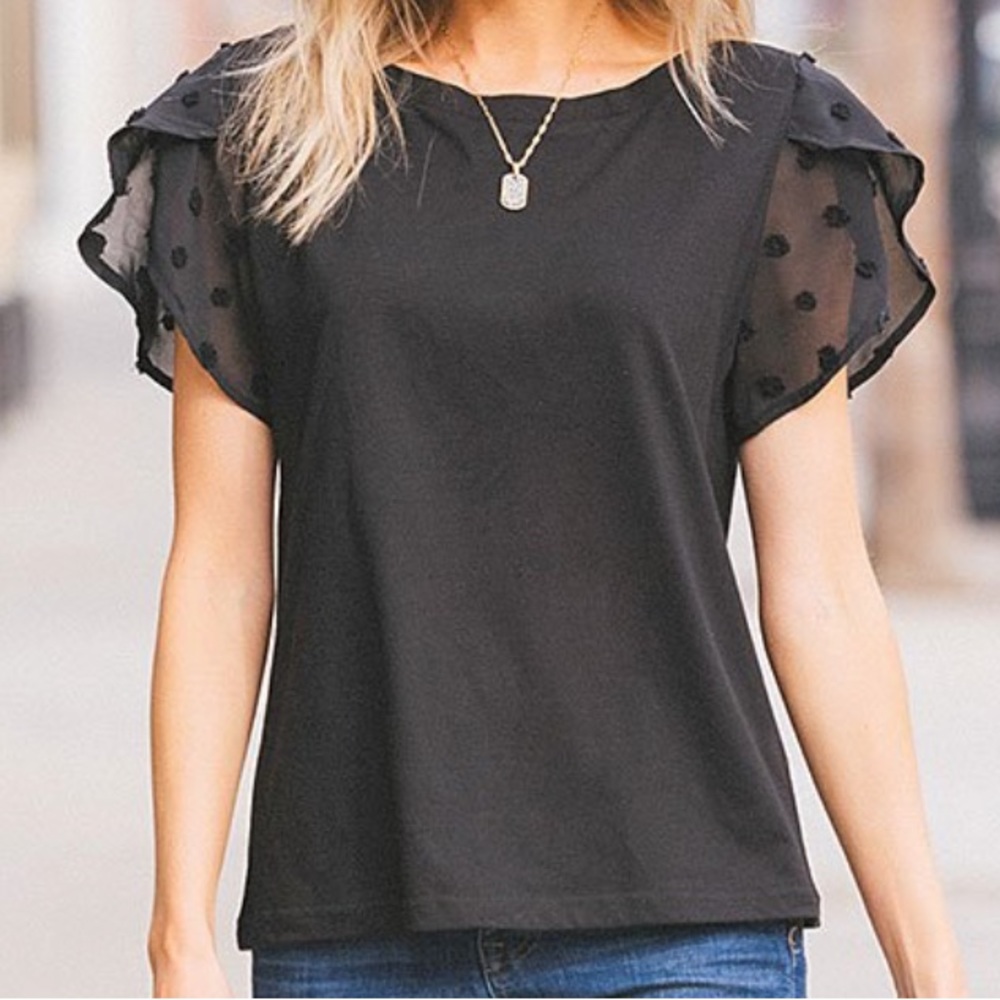 Black Swiss Dot Tulip Sleeve Boatneck Top